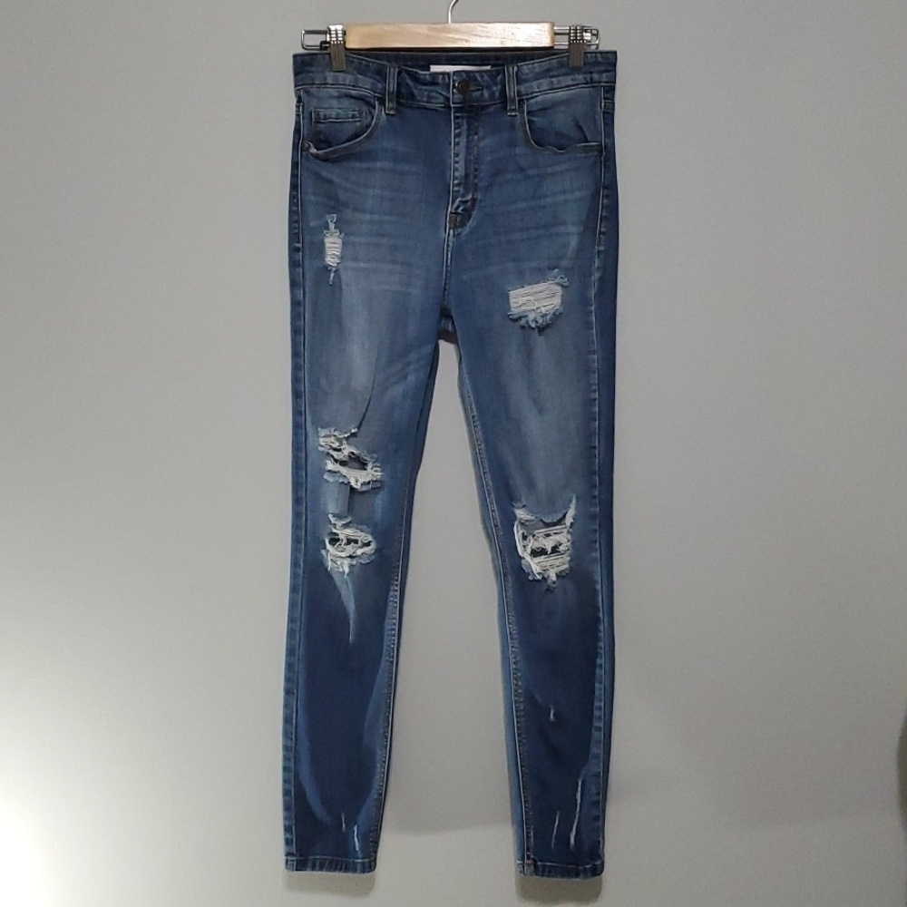 Eunina jeans women's size 7 blue ripped destroyed holes super high skinny